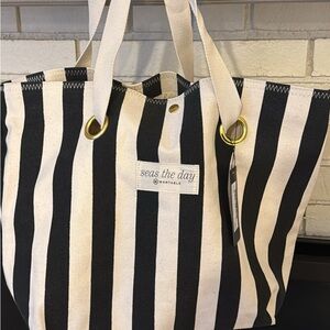 Seas the Day Striped Canvas Beach Tote - Black and White